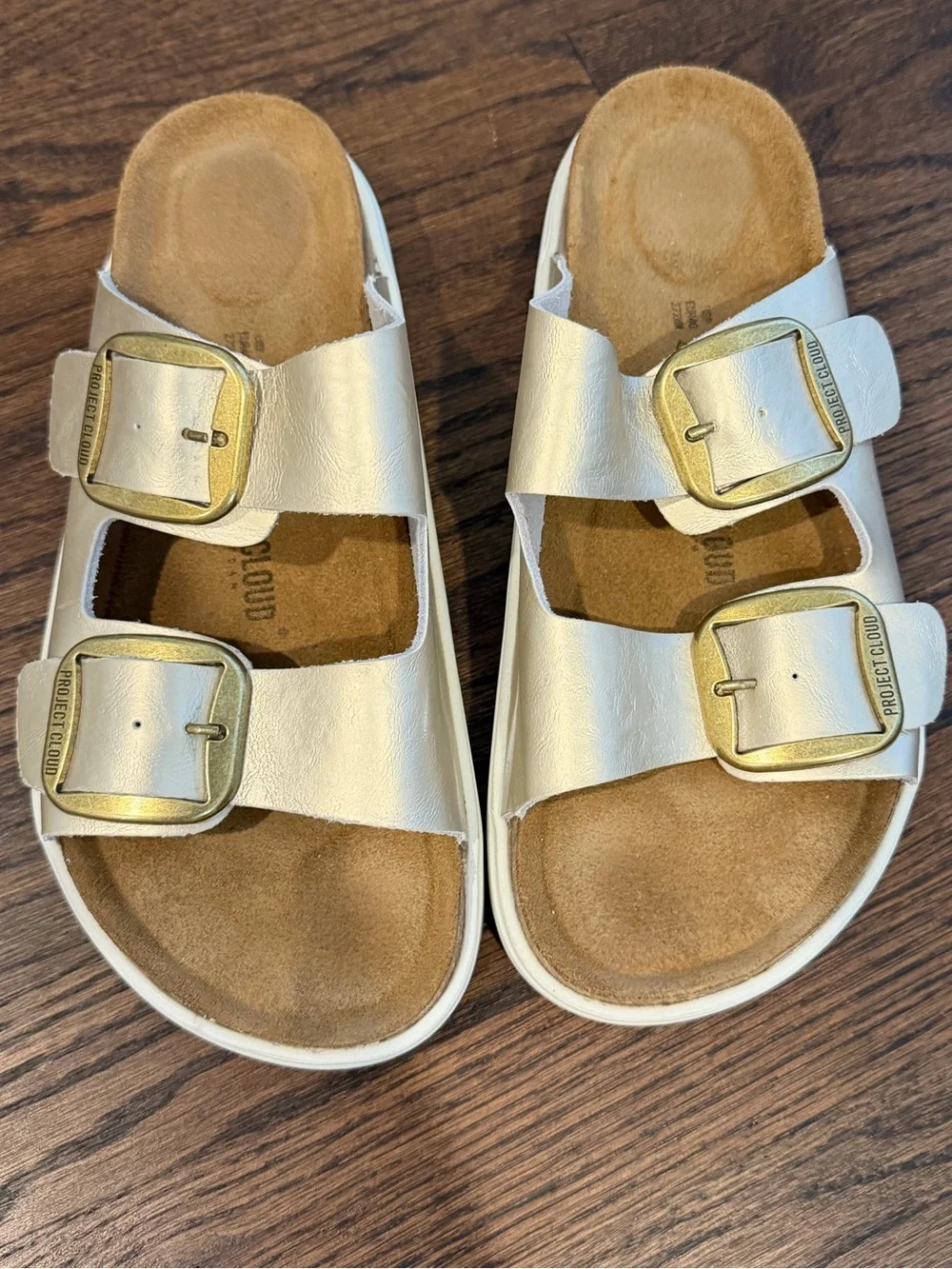 Metallic Double-Buckle Slide Sandals with Gold Buckles